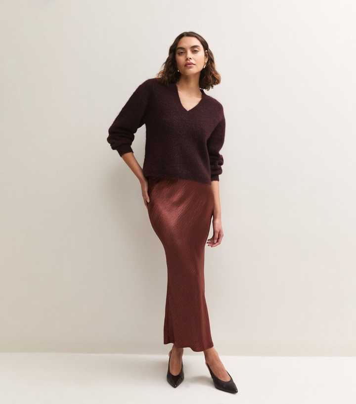 Tall Dark Brown Satin Crinkle Texture Midi Skirt