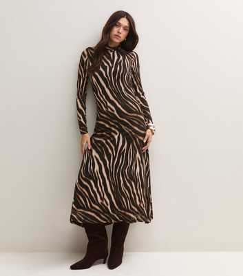 Brown Zebra Print Long Sleeve Midi Dress
