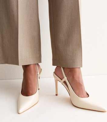 Off White Patent Faux Leather Buckle Slingback Strap Pumps
