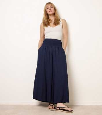 Blue Vanilla Navy Striped Shirred Waist Wide Leg Trousers