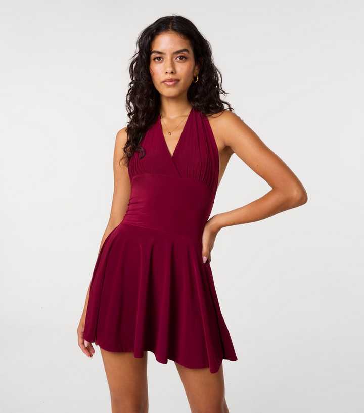 Pink Vanilla Dark Purple Slinky Halterneck Mini Dress