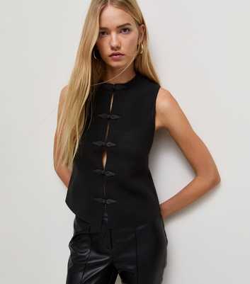 Black Compact Knit Frog Button Waistcoat