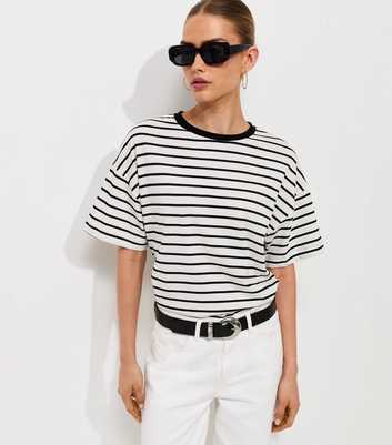 White Cotton Striped Oversized Boxy Fit T-Shirt
