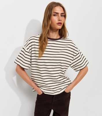 Brown Cotton Striped Oversized Boxy Fit T-Shirt