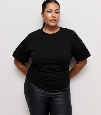 Curves Black Ruched Sides Corset Waist T-Shirt