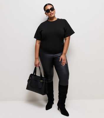 Curves Black Ruched Sides Corset Waist T-Shirt