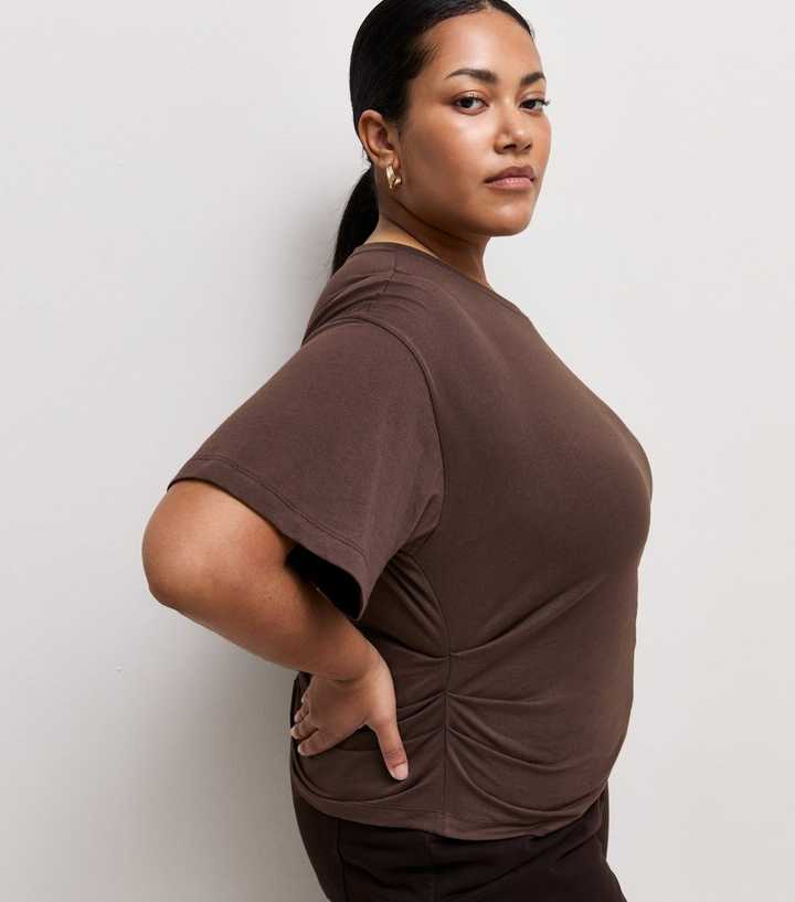 Curves Dark Brown Ruched Sides Corset Waist T-Shirt
