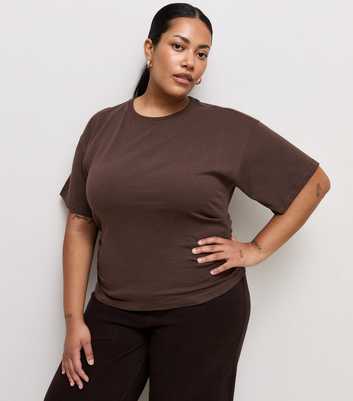 Curves Dark Brown Ruched Sides Corset Waist T-Shirt