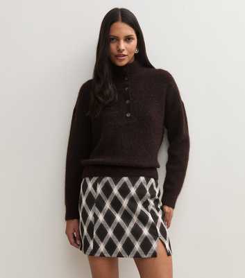 Black Checked Jacquard Notched Split Mini Skirt
