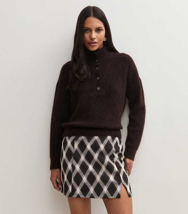 Black Checked Jacquard Notched Split Mini Skirt