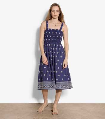 Apricot Blue Embroidered Ruched Strap Midi Dress