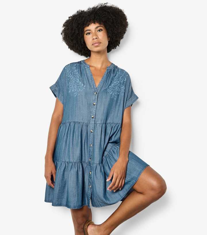 Apricot Blue Chambray Embroidered Tiered Mini Dress
