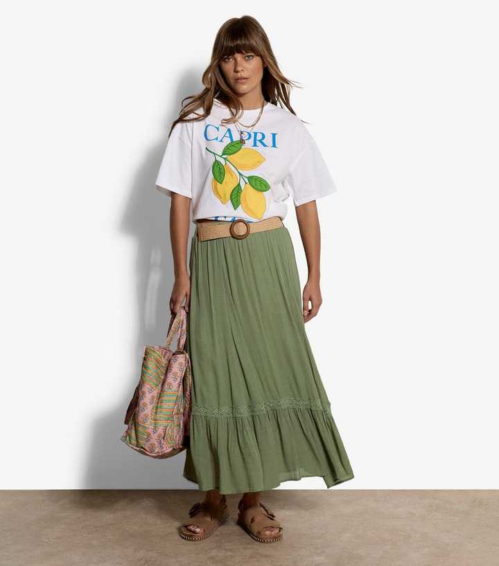 Apricot Light Green Lace Trim Tiered Midi Skirt