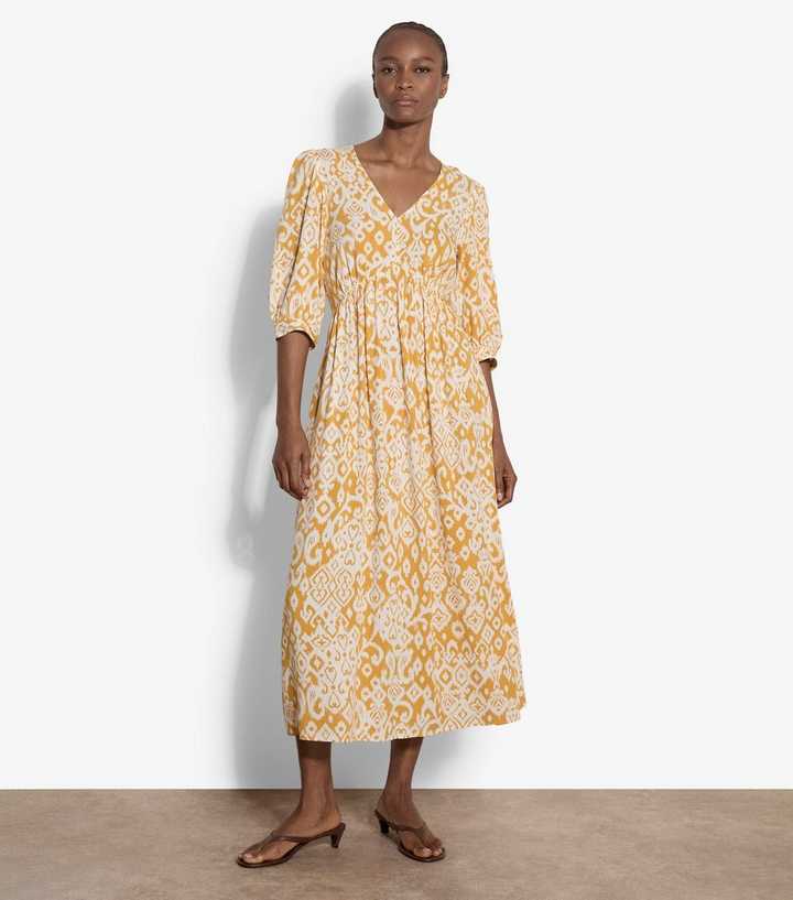 Apricot Yellow Abstract Print Cropped Sleeve Midi Dress