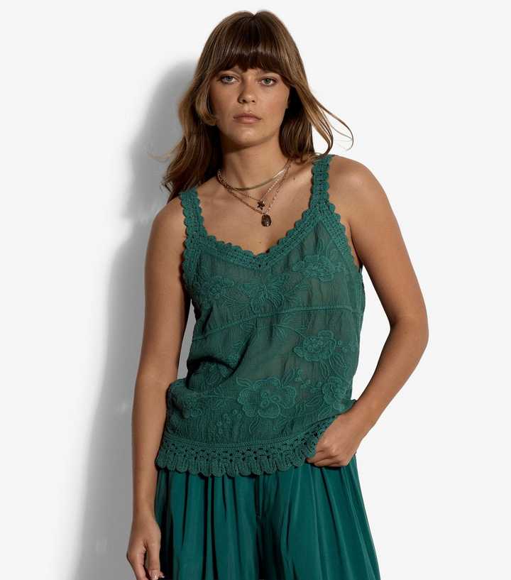 Apricot Green Floral Embroidery Crochet Cami Top