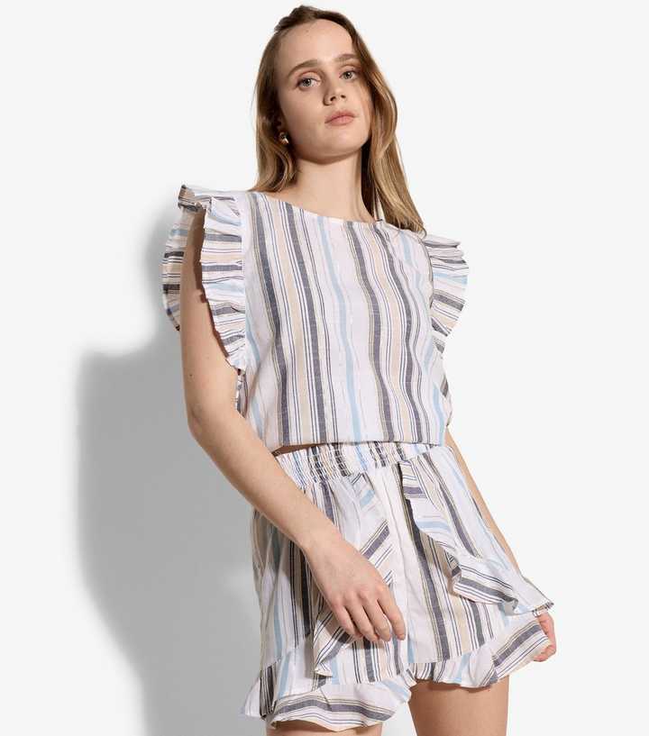 Apricot Cream Striped Ruffled Shorts