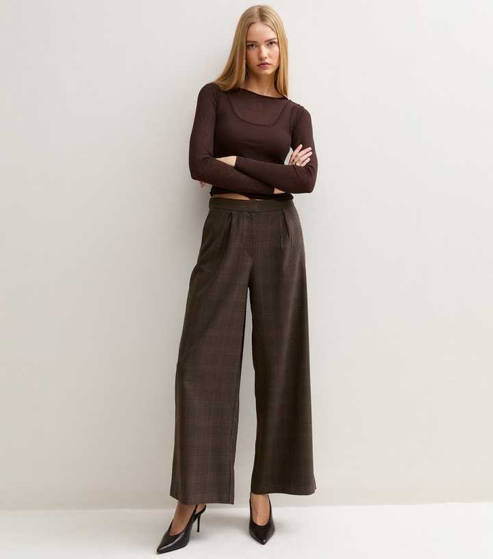 Brown Check Pleated Wide Leg Trousers