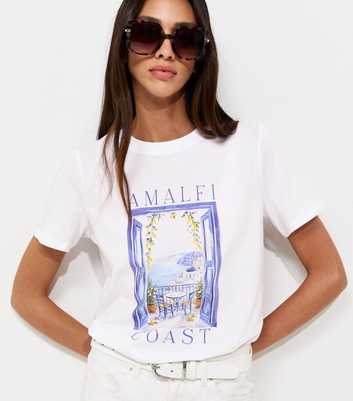 White Cotton Amalfi Coast Print Relaxed Fit T-Shirt