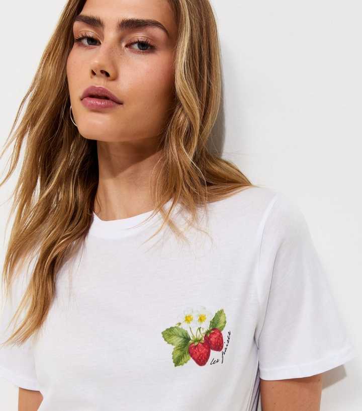 White Cotton Strawberry Print Relaxed T-Shirt