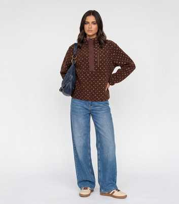 Urban Bliss Brown Patterned Half Placket Fleece Jumper
