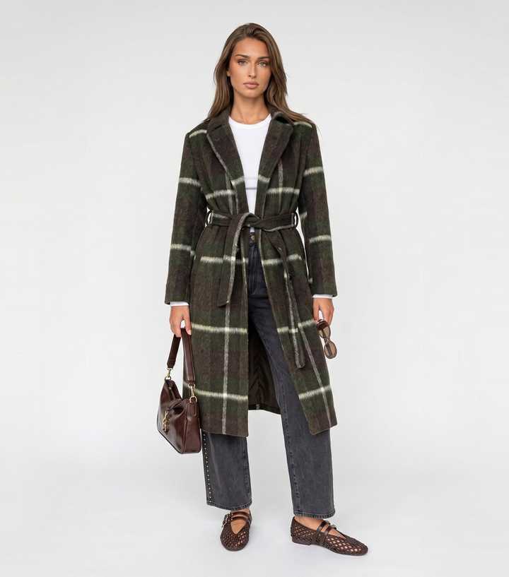 Urban Bliss Green Woven Check Belted Wrap Coat