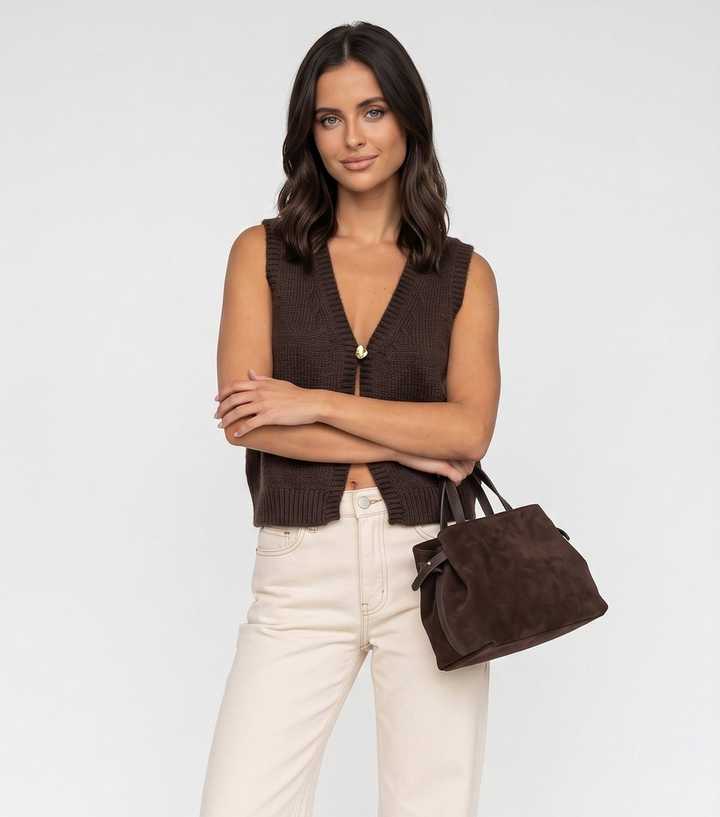Urban Bliss Brown Single Button Sleeveless Knitted Vest
