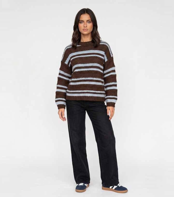 Urban Bliss Brown Textured Stripe Crew Neck Jumper