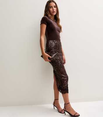 Dark Brown Sequin Lace Trim Midi Pencil Skirt