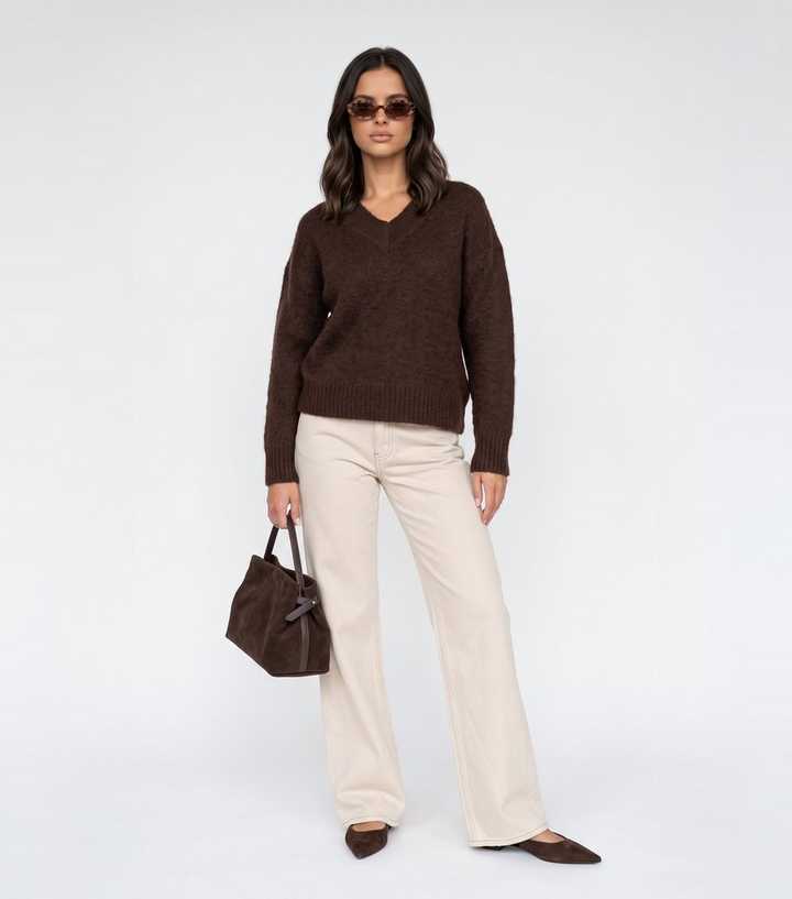 Urban Bliss Mid Brown V-Neck Knitted Jumper