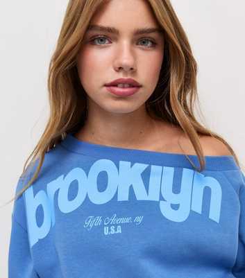Girls Blue Cotton Rich Brooklyn Print Off Shoulder Sweatshirt