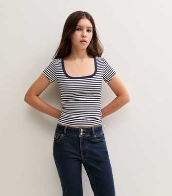Girls Blue Striped Cotton Rich Square Neck T-Shirt