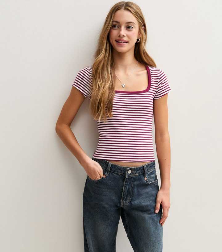 Girls Red Striped Cotton Rich Square Neck T-Shirt