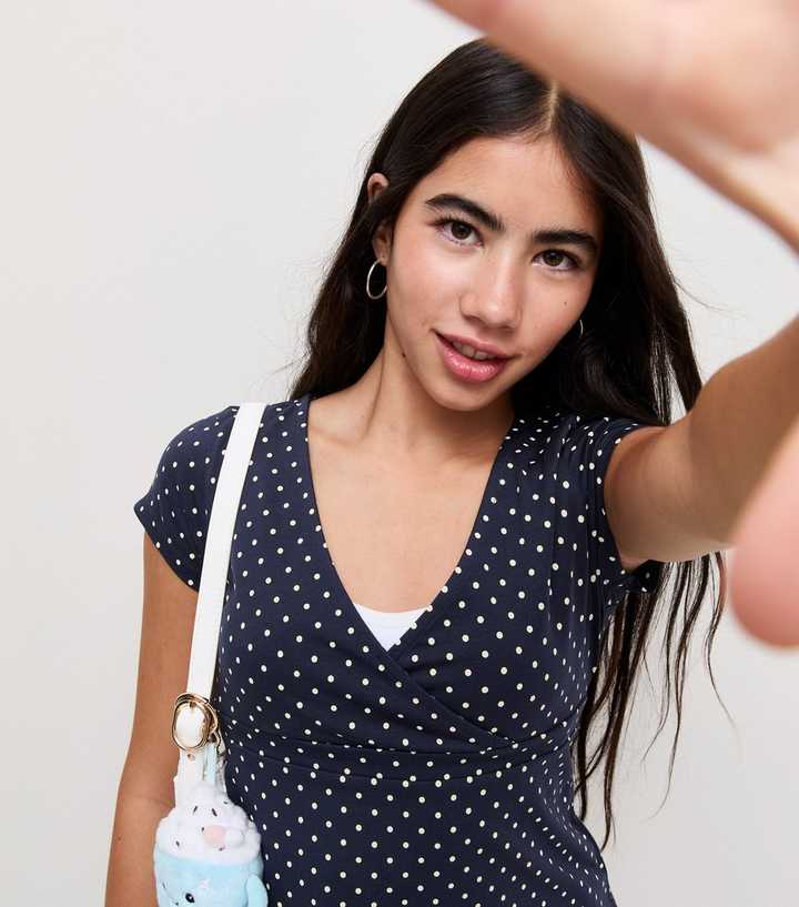 Girls Navy Cotton Rich Spot Print Wrap Front Babydoll T-Shirt