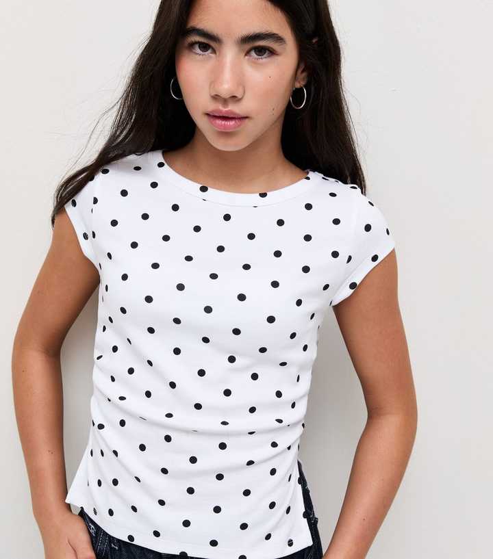 Girls White Cotton Rich Spot Print Split Side Ruched Cap Sleeve Top