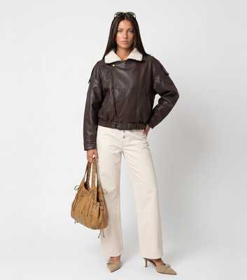 Urban Bliss Brown Borg Collar Faux Leather Bomber Jacket