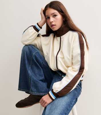 Girls Cream And Brown Stripe Funnel Neck Windbreaker Jacket