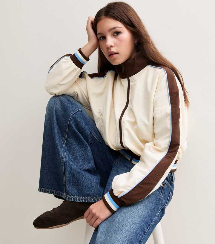 Girls Cream And Brown Stripe Funnel Neck Windbreaker Jacket