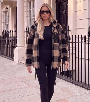 AX Paris Black Check Hooded Zip Up Fleece Jacket