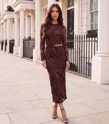 AX Paris Dark Brown Floral Embroidered Cut Out Midi Dress