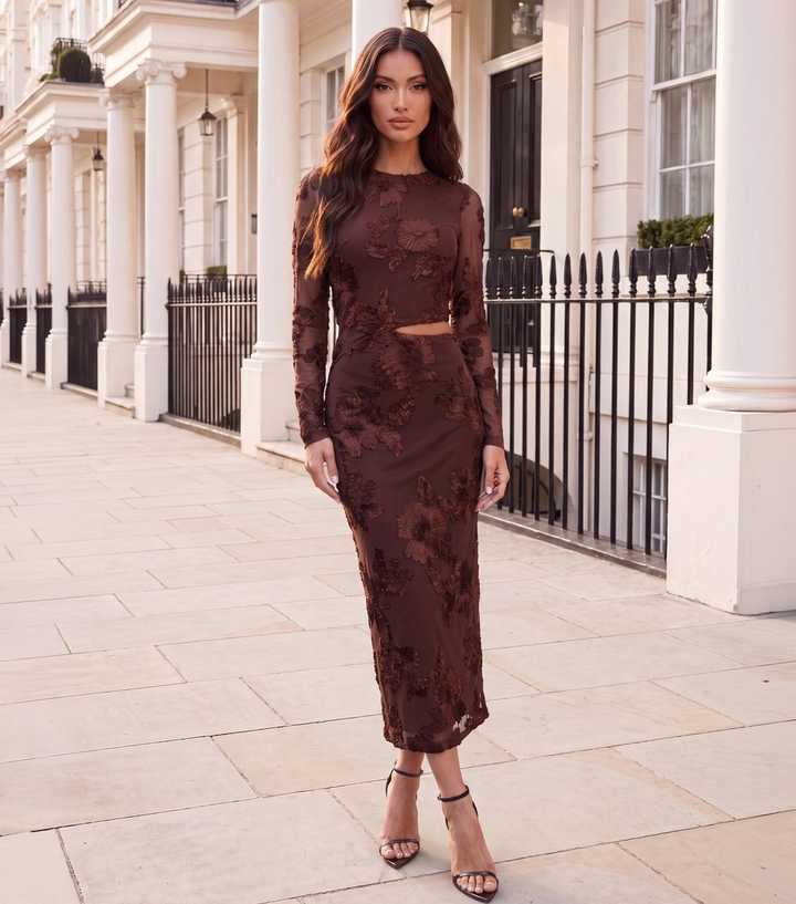 AX Paris Dark Brown Floral Embroidered Cut Out Midi Dress
