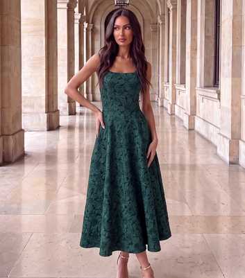 AX Paris Dark Green Floral Jacquard Square Neck Midi Dress