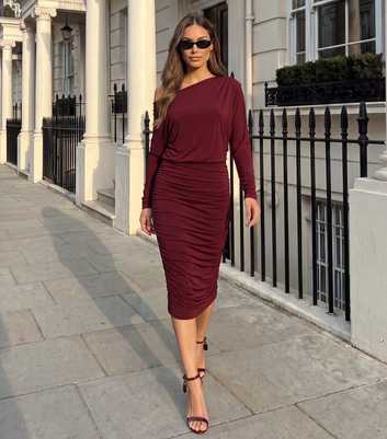 AX Paris Dark Red Ruched Off the Shoulder Midi Dress