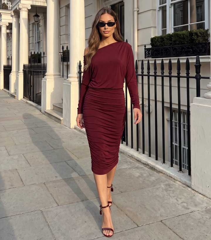 AX Paris Dark Red Ruched Off the Shoulder Midi Dress