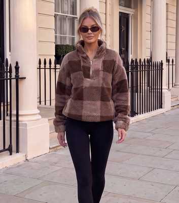 AX Paris Light Brown Checked Quarter Zip Teddy Sweatshirt