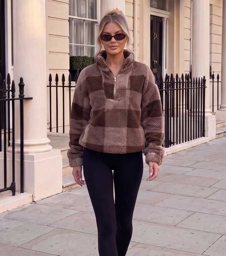 AX Paris Light Brown Checked Quarter Zip Teddy Sweatshirt