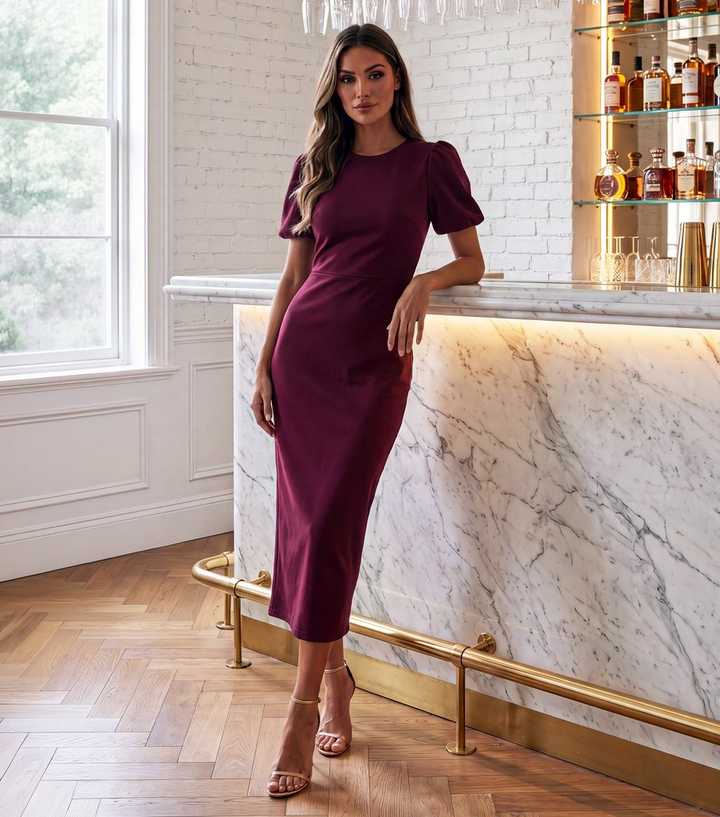 AX Paris Dark Red Puff Sleeve Midi Dress