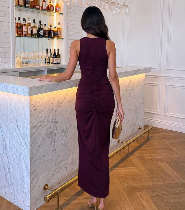 AX Paris Dark Red Sleeveless Ruched Midi Dress