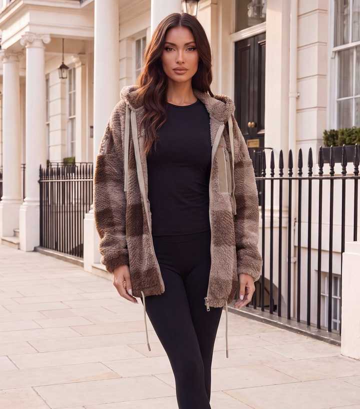 AX Paris Light Brown Check Zip Pocket Hooded Teddy Jacket