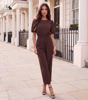 AX Paris Dark Brown Polka Dot Puff Sleeve Straight Leg Jumpsuit