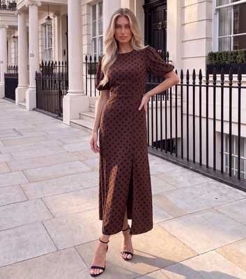 AX Paris Dark Brown Polka Dot Puff Sleeve Midi Dress
